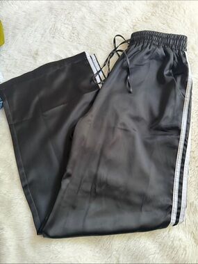 Women's Black Satin Track Pants with Contrast White Side Stripes
